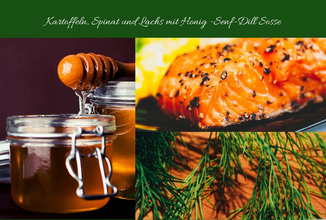 Kartoffeln, Spinat, Lachs mit Honig-Dill-Senf-Sosse - happytable.de